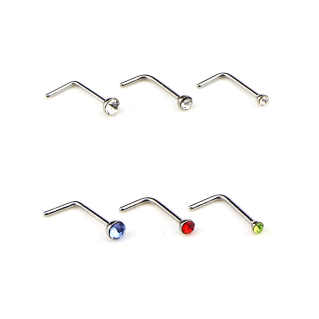 60 PCS Color Mixed Diamond Shape Stainless Steel Nose Stud Rings L Shaped Piercing Jewelry,Pin Length: 7mm, pin diameter: 0.6mm (Color)