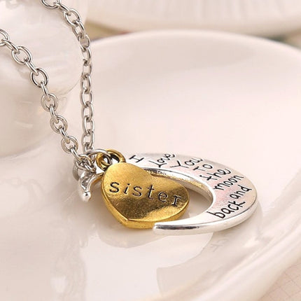 Half-Moon-Shaped Alloy Plated Pendant Necklace With Greetings Engraved At The Backside For Family, Diameter 3cm, Perimeter 9.4cm(Silver+Gold For sister)