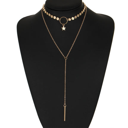 Simple Sexy Handmade Sequins Star Tassels Circle Clavicle Chain Long Pendant Double-layer Chain