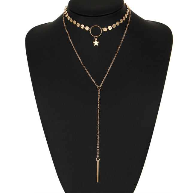 Simple Sexy Handmade Sequins Star Tassels Circle Clavicle Chain Long Pendant Double-layer Chain
