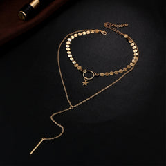 Simple Sexy Handmade Sequins Star Tassels Circle Clavicle Chain Long Pendant Double-layer Chain