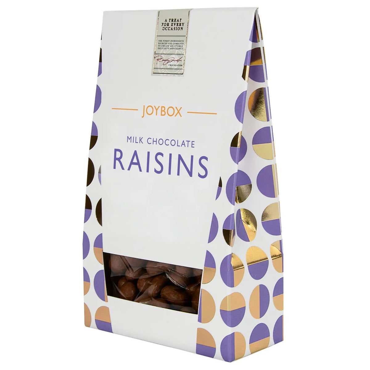 Joybox raisins coated in milk chocolate in carton