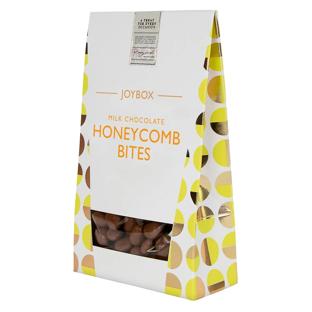 Joybox honeycomb pieces coated in milk chocolate in carton