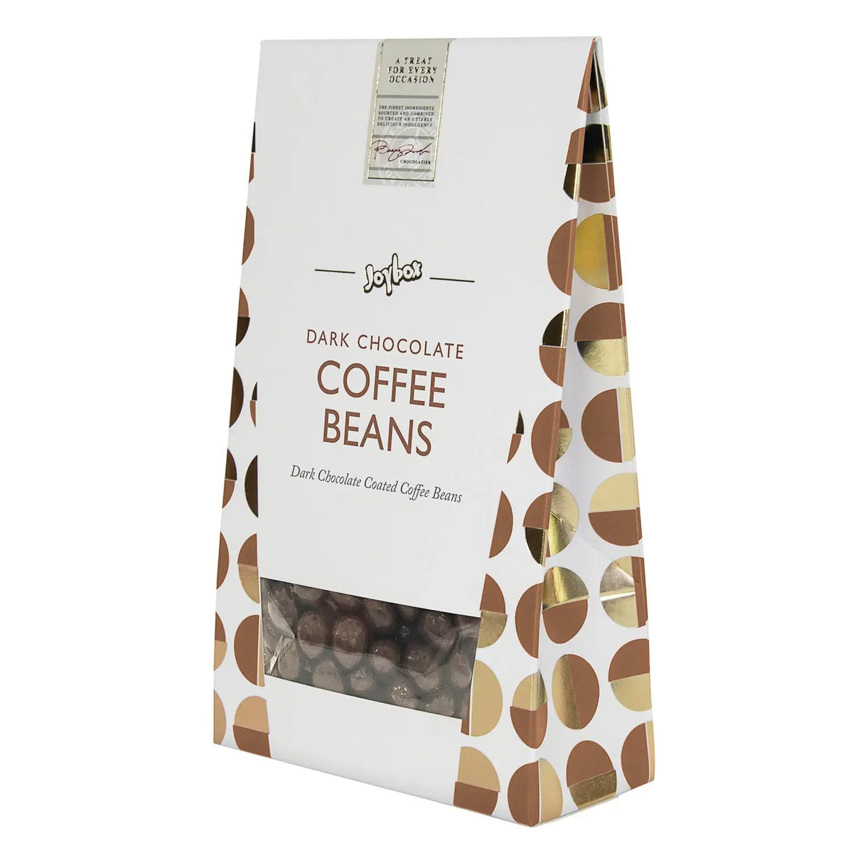 Joybox coffee beans coated in dark chocolate in carton