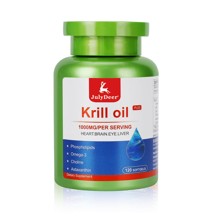 JulyDeer Krill Oil 1000 mg with Omega-3s – 120 Softgels – Antarctic, No Fishy Aftertaste