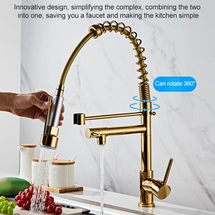 Copper Pull Type Large Spring Double Outlet Kitchen Sink Hot Cold Faucet, Gold