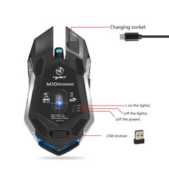 HXSJ M10 2.4GHz 6-keys USB Rechargeable Colorful Lighting Ergonomic 2400DPI Wireless Optical Gaming Mouse for Desktop Computers, M10