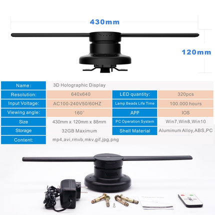 42cm Diameter 3D Holographic Display, WiFi App Control, 640 x 640 Pixels Resolution 320 LEDs Billboard, Support Micro SD Card, 42cm Wifi