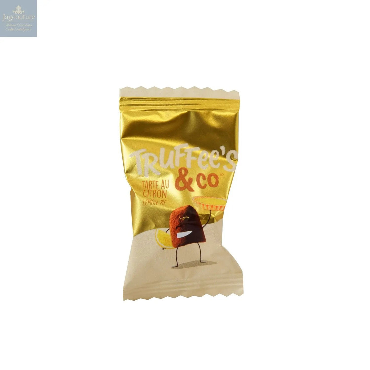 Lemon pie - cocoa dusted flavoured French truffles in yellow flow wrap. approx 400pcs