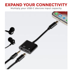 Nikkai USB-C to 3.5mm Headphone Jack / USB-C PD Charging Port Adapter - Black, 10cm