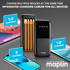 Maplin 10000mAh Slim Power Bank with Integrated Lightning, USB-C, USB-A & Micro USB Cables