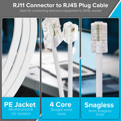 Maplin RJ11 Connector to RJ45 Plug Telephone Lead - White, 1m