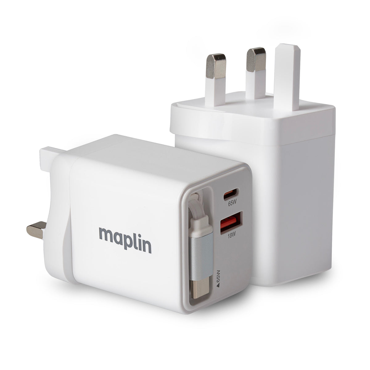 Maplin 65W 2-Port GaN Fast USB Wall Charger with USB-C PD, USB-A QC 3.0 & Retractable USB-C Cable