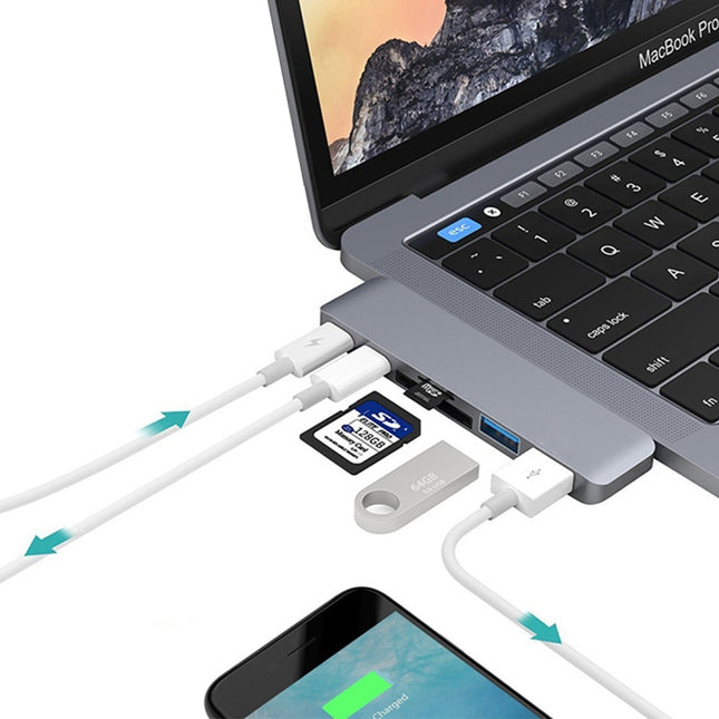 6 in 1 Multi-function Aluminium Alloy 5Gbps Transfer Rate Dual USB-C / Type-C HUB Adapter with 2 USB 3.0 Ports & 2 USB-C / Type-C Ports & SD Card Slot & TF Card Slot for Macbook 2015 / 2016 / 2017, 6 in 1 Silver, 6 in 1 Grey, 6 in 1 Gold
