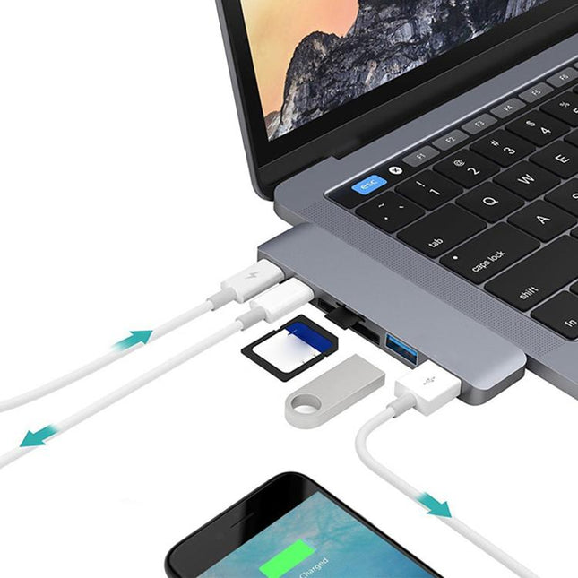 6 in 1 Multi-function Aluminium Alloy 5Gbps Transfer Rate Dual USB-C / Type-C HUB Adapter with 2 USB 3.0 Ports & 2 USB-C / Type-C Ports & SD Card Slot & TF Card Slot for Macbook 2015 / 2016 / 2017, 6 in 1 Grey