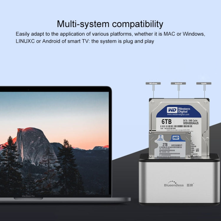 Base para disco duro SATA USB 3.0 de 2 bahías con copia sin conexión de Blueendless de 2,5/3,5 pulgadas