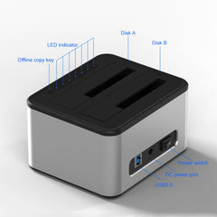 Base para disco duro SATA USB 3.0 de 2 bahías con copia sin conexión de Blueendless de 2,5/3,5 pulgadas