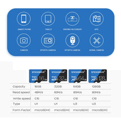 Tarjeta de memoria TF (Micro SD) azul y negra U3 de alta velocidad de 128 GB STICKDRIVE, 128 GB