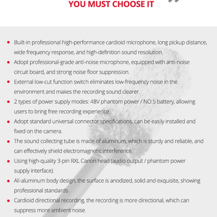 YELANGU YLG9933A MIC07 Professional Interview Condenser Video Shotgun Microphone with 6.5mm Audio Adapter & 3.5mm RXL Audio Cable