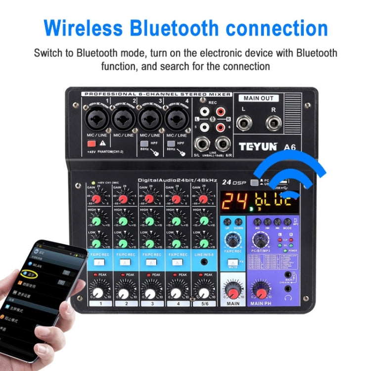 TEYUN NA6 6-channel Small Mixing Console Mobile Phone Sound Card Live Broadcast Computer Recording Console Processor, EU Plug, NA6 EU Plug