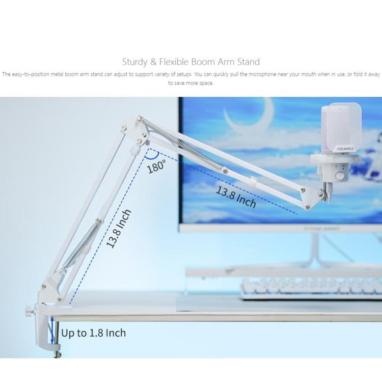 FEELWORLD VM1 USB Condenser Gaming Microphone for Streaming Noise Cancellation Mute RGB Light Boom Arm Stand