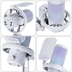 FEELWORLD VM1 USB Condenser Gaming Microphone for Streaming Noise Cancellation Mute RGB Light Boom Arm Stand