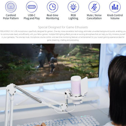 FEELWORLD VM1 USB Condenser Gaming Microphone for Streaming Noise Cancellation Mute RGB Light Boom Arm Stand