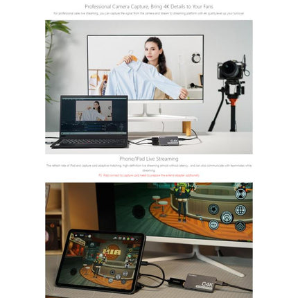 FEEWORLD C4K Video Capture 4K HDMI 60Hz In and Out USB-C Plug and Play for Streaming Gaming Video Conference