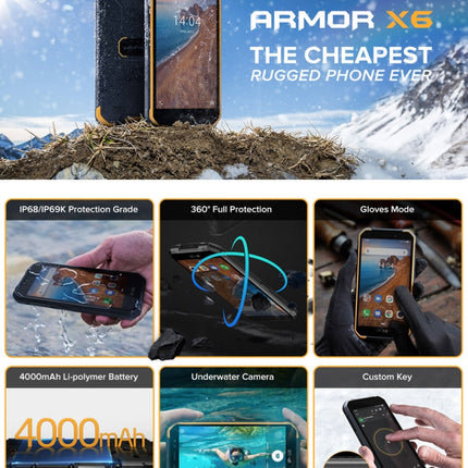 IP68/IP69K Waterproof Dustproof Shockproof, Face Identification, 4000mAh Battery, 5.0 inch Android 9.0 MTK6580A/W Quad Core up to 1.3GHz, Network: 3G, Armor X6 2GB+16GB
