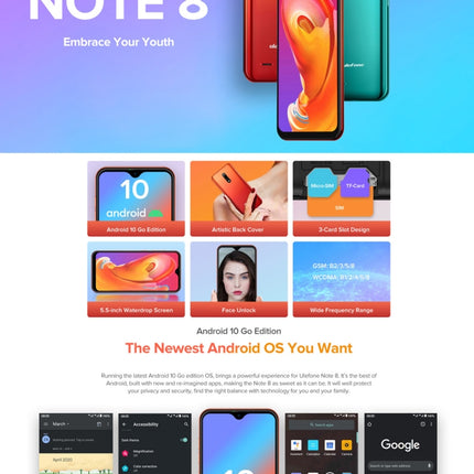 Dual Rear Cameras, Face ID Identification, 5.5 inch Android 10.0 GO MKT6580 Quad-core up to 1.3GHz, Network: 3G, Dual SIM