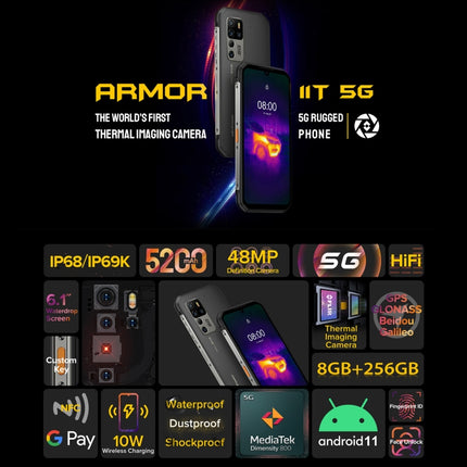 Quad Back Cameras, IP68/IP69K Waterproof Dustproof Shockproof, Face ID & Fingerprint Identification, 5200mAh Battery, 6.1 inch Android 11 MTK MT6873 Dimensity 800 Octa Core up to 2.0GHz, Network: 5G, OTG, NFC