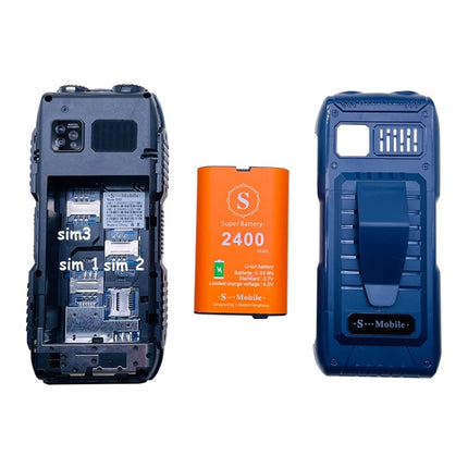 Resistente al agua, a prueba de golpes y polvo, batería de 2400 mAh, 2,2 pulgadas, 21 teclas, linterna LED, FM, Quad SIM, con antena