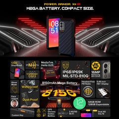 IP68/IP69K Waterproof Dustproof Shockproof, Dual Back Cameras, Face Unlock, 5.45 inch Android 12 MediaTek Helio G25 MT6762VWB Octa Core up to 2.0GHz, Network: 4G, NFC, OTG, Power Armor X11 Pro