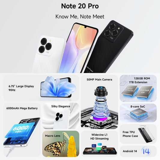 Ulefone Note 20 Pro, 4 GB + 128 GB, Face ID y huella dactilar lateral, 6000 mAh, 6,75 pulgadas Android 14 Unisoc T606 Octa Core, Red: 4G, Dual SIM, OTG, 4 GB + 128 GB