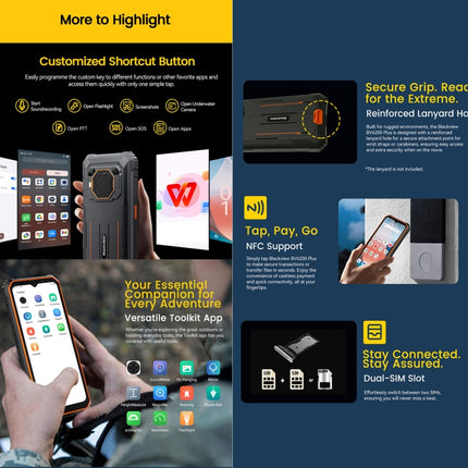 Blackview BV6200 Plus, 8 GB + 256 GB, IP68/IP69K/MIL-STD-810H, 6,56 Zoll Android 14 Unisoc UMS9230 T606 Octa Core, Netzwerk: 4G, OTG, NFC