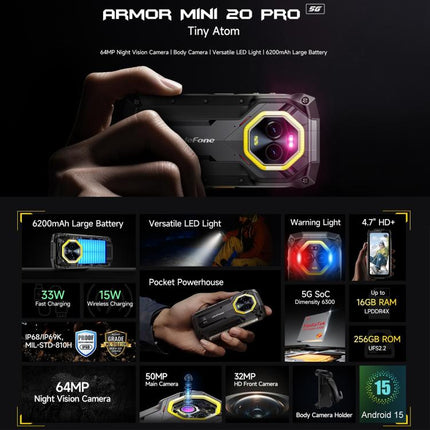 Ulefone Armor Mini 20 Pro, 8 GB + 256 GB, teléfono resistente IP68 / IP69K, 4.7 pulgadas Android 14 MediaTek Dimensity 6300 5G Octa Core, red: 5G, NFC, OTG, Armor Mini 20 Pro