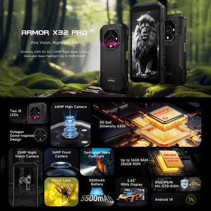 Ulefone Armor X32 Pro 5G, 8GB+256GB, Night Vision, IP68/IP69K Rugged Phone, 5.65 inch Android 14 MediaTek Dimensity 6300 Octa Core, Network: 5G, NFC, OTG, Armor X32 Pro 5G