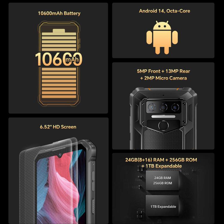 Oukitel WP23 Plus Rugged Phone, 8GB+256GB, 6.52 inch Android 14.0Unisoc T606 Octa-core, NFC, OTG, Network: 4G