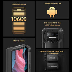 Oukitel WP23 Plus Rugged Phone, 8GB+256GB, 6.52 inch Android 14.0Unisoc T606 Octa-core, NFC, OTG, Network: 4G