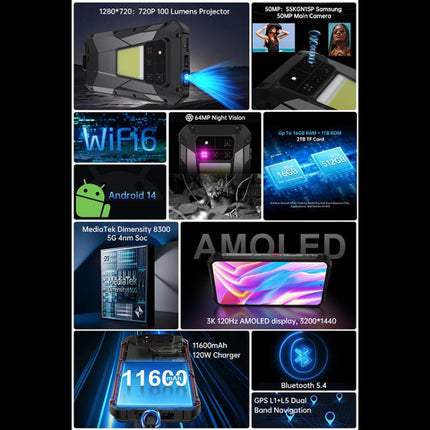 Unihertz Tank 4 Pro Projector Rugged Phone, 16GB+512GB, Night Vision, 6.73 inch Android 13 Dimensity 8300 Octa Core, Network: 5G, NFC, 16GB+512GB