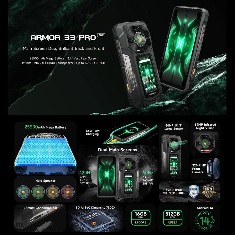 Ulefone Armor 33 Pro Rugged Phone, 16GB+512GB, Night Vision, 6.95 inch + 3.4 inch Dual Screen Android 14 MediaTek Dimensity 7300X Octa Core, Network: 5G, OTG, NFC
