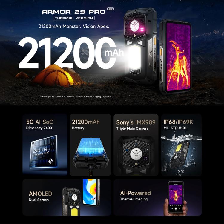 Ulefone Armor 29 Pro Thermal Version Rugged Phone, 16GB+512GB, Night Vision, 6.67 inch + 1.04 inch Android 15 MediaTek Dimensity 7400 Octa Core, Network: 5G, OTG, NFC