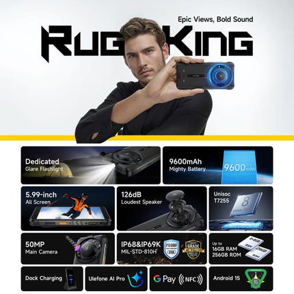 Ulefone RugKing, 8GB+256GB, IP68/IP69K Rugged Phone, 5.99 inch Android 15 Unisoc T7255 Octa Core, Network: 4G, NFC, OTG