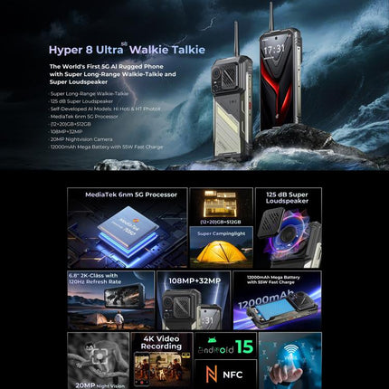 HOTWAV Hyper 8 Ultra Walkie-talkie Rugged Phone, 12GB+512GB, 6.8 inch Android 15 MediaTek MT8791 Dimensity 7050 Octa Core, Network: 5G, OTG, NFC, Hyper 8 Ultra