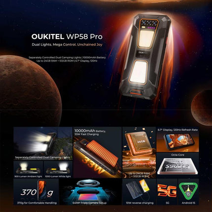 Oukitel WP58 Pro Rugged Phone, 8GB+512GB, Side Fingerprint Identification, 6.7 inch Android 15 UMS9621S Octa Core, NFC, OTG, Network: 5G, 8GB+512GB