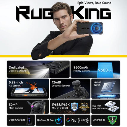 Ulefone RugKing, 8GB+128GB, IP68/IP69K Rugged Phone, 5.99 inch Android 15 Unisoc T7255 Octa Core, Network: 4G, NFC, OTG, RugKing, 8GB+128GB