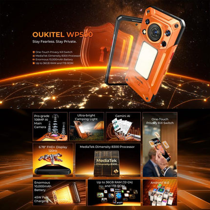 Oukitel WP500 Rugged Phone, 12GB+1TB, 108MP Camera, Night Vision, Fingerprint Identification, 6.78 inch Android 16 MTK Dimensity 8300 Octa Core, NFC, OTG, Network: 5G, WP500
