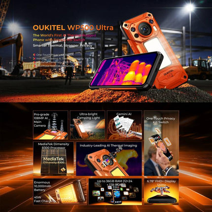 Oukitel WP500 Ultra Rugged Phone, Thermal Imaging, 12GB+1TB, 108MP Camera, Fingerprint Identification, 6.78 inch Android 16 MTK Dimensity 8300 Octa Core, NFC, OTG, Network: 5G, WP500 Ultra