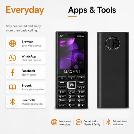 220 Max 3G Key Phone, 3600mAh Battery, 2.4 inch, SOS, 24 Keys, Dual SIM, Network: 4G, Support Whatsapp, Facebook