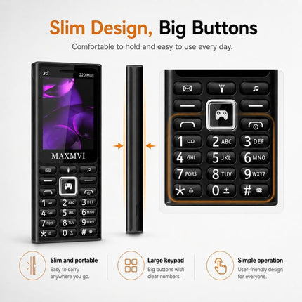 220 Max 3G Key Phone, 3600mAh Battery, 2.4 inch, SOS, 24 Keys, Dual SIM, Network: 4G, Support Whatsapp, Facebook